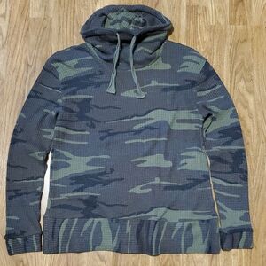 Belle by Kim Gravel Green Gray Brown Camouflage Camo Funnel Neck Waffle Top S